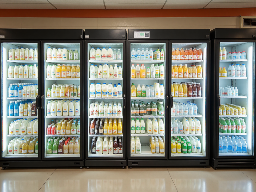 多种乳制品整齐摆放，包括牛奶、奶酪、酸奶等，背景为冷藏柜